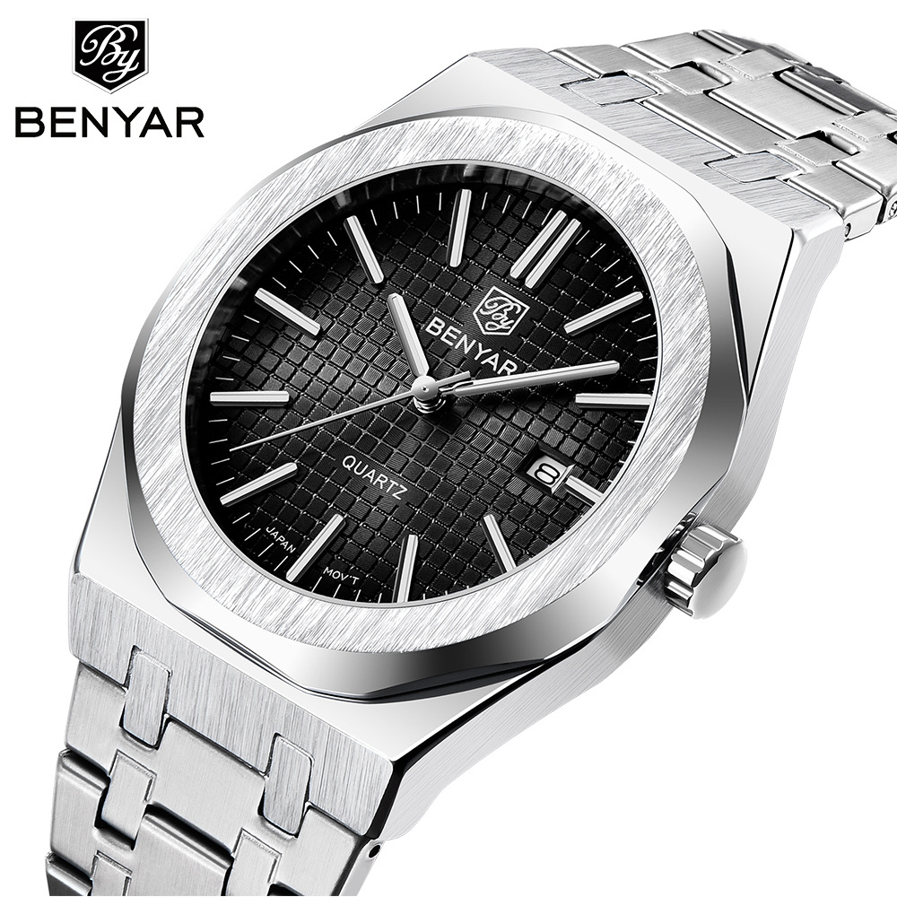 Binya BENYAR correa de acero reloj de cuarzo para hombre reloj de moda simple impermeable reloj luminoso para hombre nuevo 5156