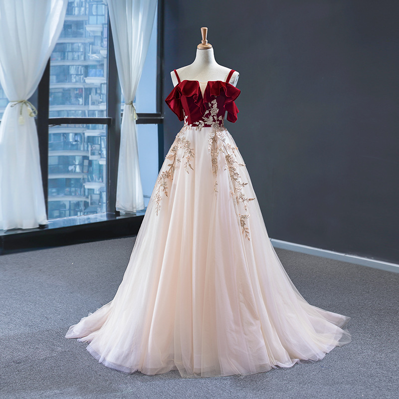 Banquet Dress for Women 2026 New Style Bride Wedding Toast Forest Style Super Fairy Double Shoulder Strap Princess Dress Burgundy