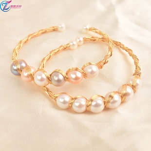Light Luxury Natural Pearl Open Bracelet Women's Korean Style Simple Elegant 18K Gold Wrap Winding Craft Making Gift Giving