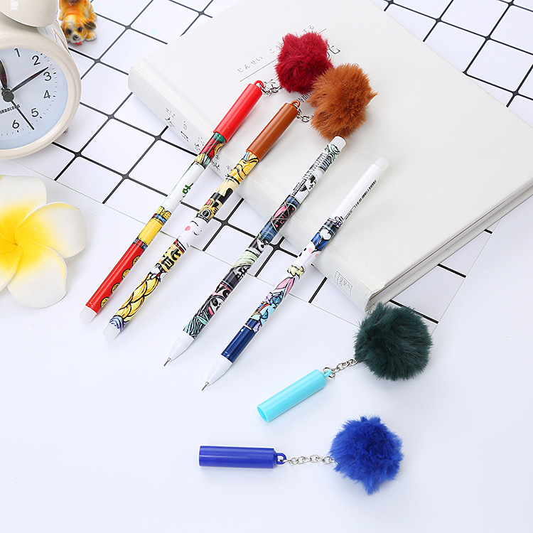 Bola de piel creativa colgante pluma de gel de dibujos animados estudiante pluma de agua linda oficina papelería negro pluma de firma