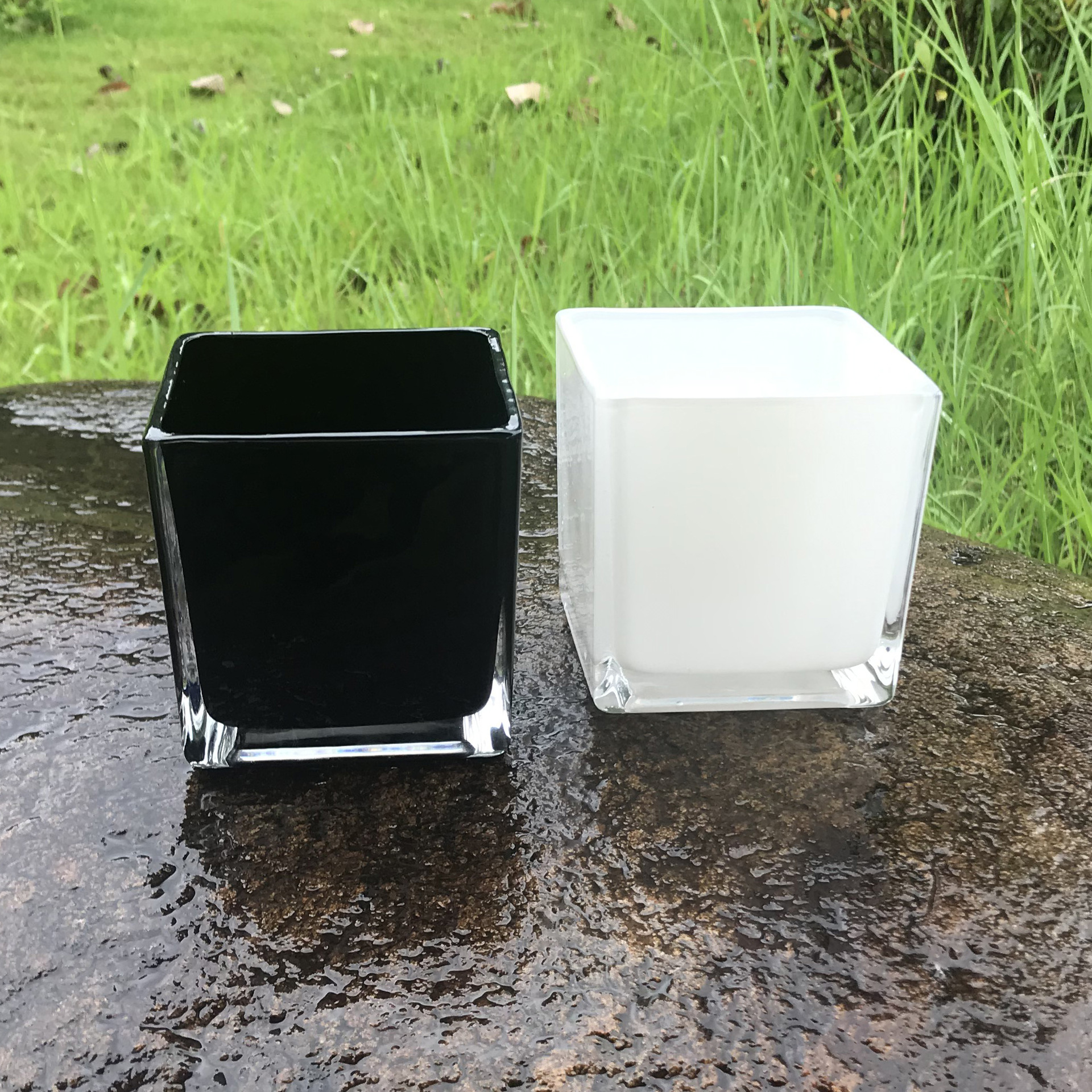 机制方形彩色玻璃花瓶 黑白色烤漆玻璃缸烛台家居工艺品摆件批发|ms