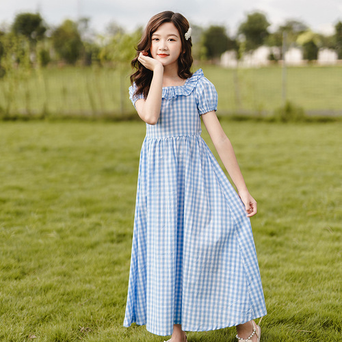 New girls' one-shoulder dress, summer long dress, medium and large children's short-sleeved dress, casual dress