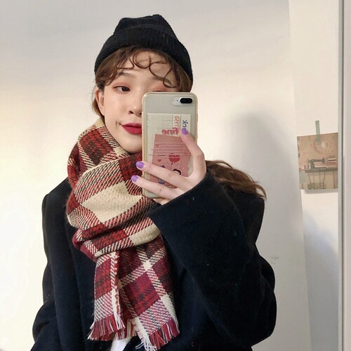 Retro plaid scarf Korean version for women, versatile autumn and winter double-sided thickened houndstooth shawl Japanese student scarf trend