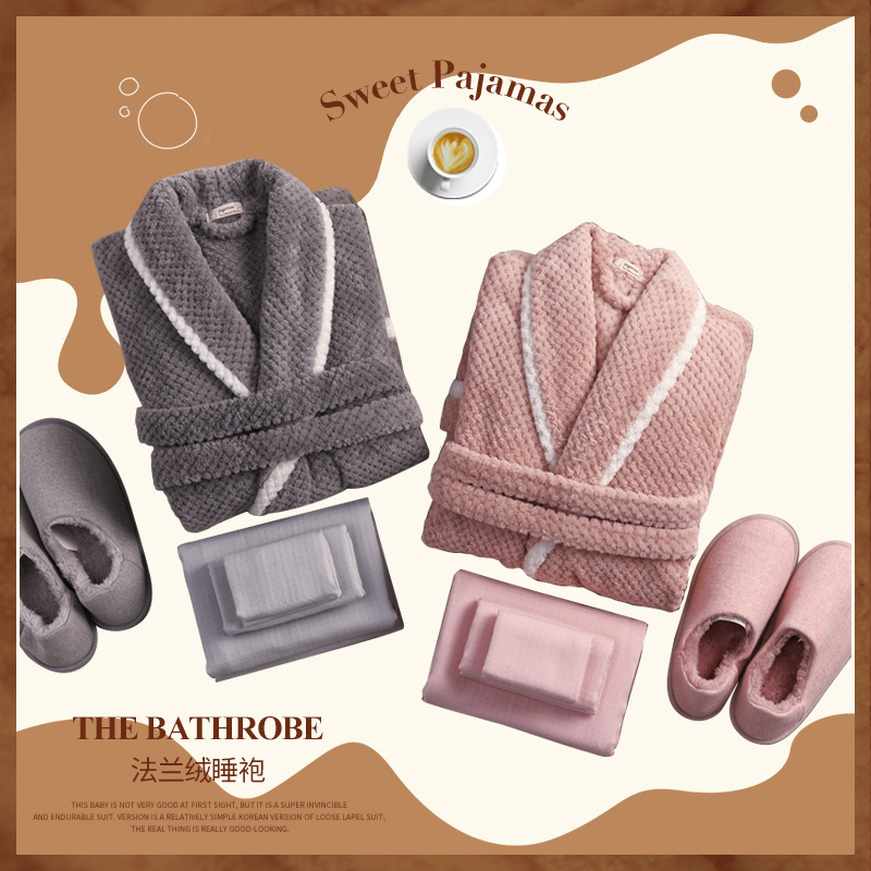 Autumn and Winter Coral Fleece Couple's Nightgown Men's Flannel Bathrobe Pajamas Extra Long Thick Women's Winter fleece-lined