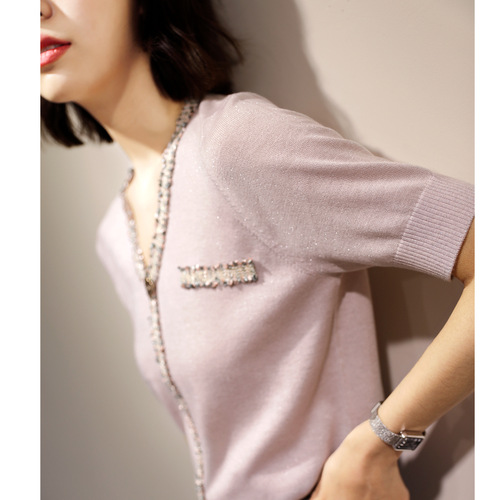 Xiaoxiangfeng tassel lace V-neck elegant glittering ice silk sweater  new thin women's short-sleeved top