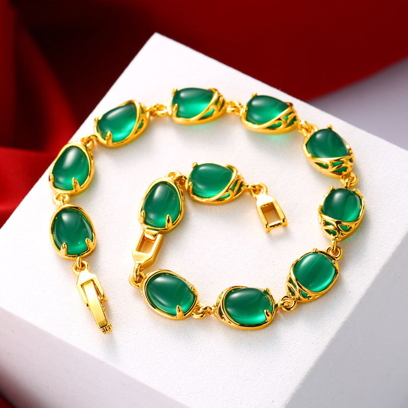 Xuping Pulsera vintage con esmeralda y jade malayo – chapado en oro 24K, estilo europeo