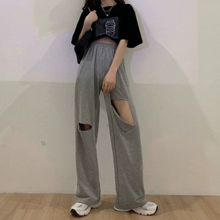 五笔蟹高腰破洞裤女夏设计感小众薄款休闲垂感阔腿裤拖地裤运动裤