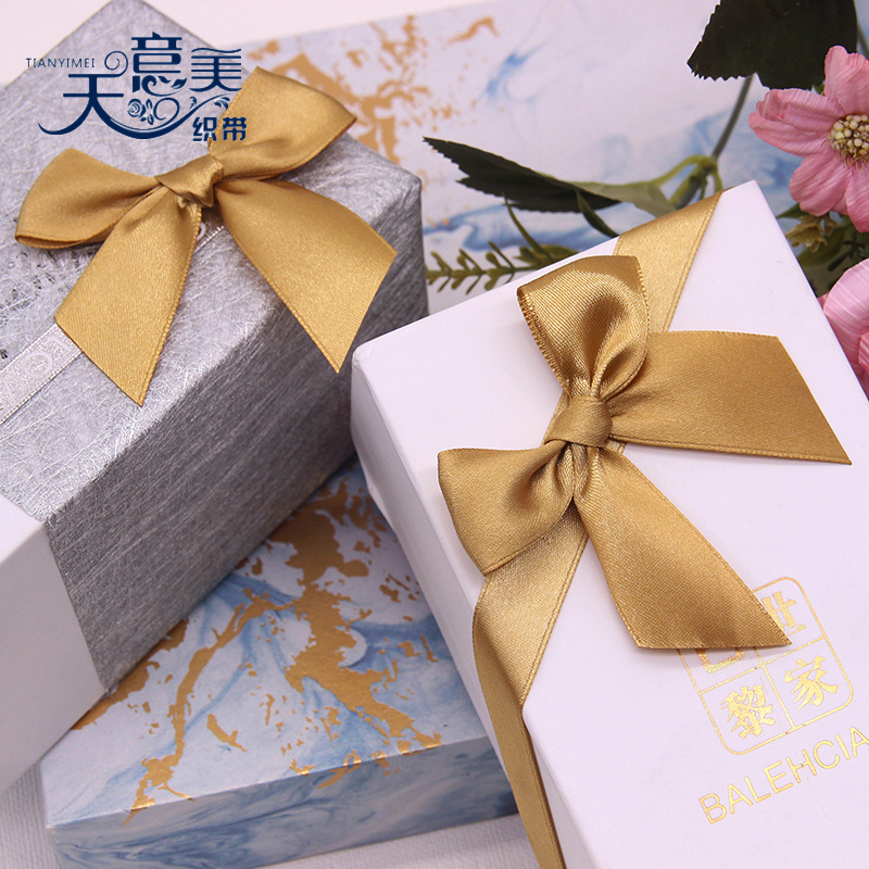 Lazo de cinta de satén dorada de 2,5 cm, decoración de lazo anudado a mano para caja de regalo, lazo de cinta de doble capa, belleza Tianyi