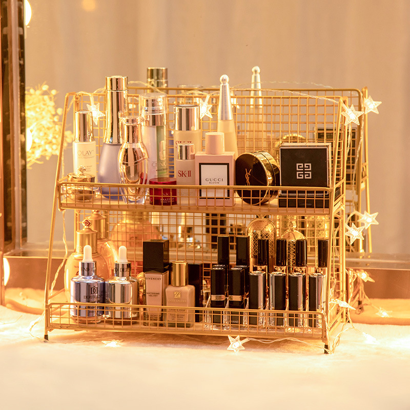Fábrica directa escritorio almacenamiento rack cosméticos hierro oro rosa multi-capa Oficina Mesa dormitorio almacenamiento rack