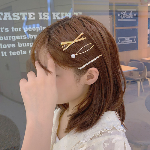 Korean popular hair clip combination, temperament girl fairy pearl edge clip bangs clip one-word clip hair accessories set for women