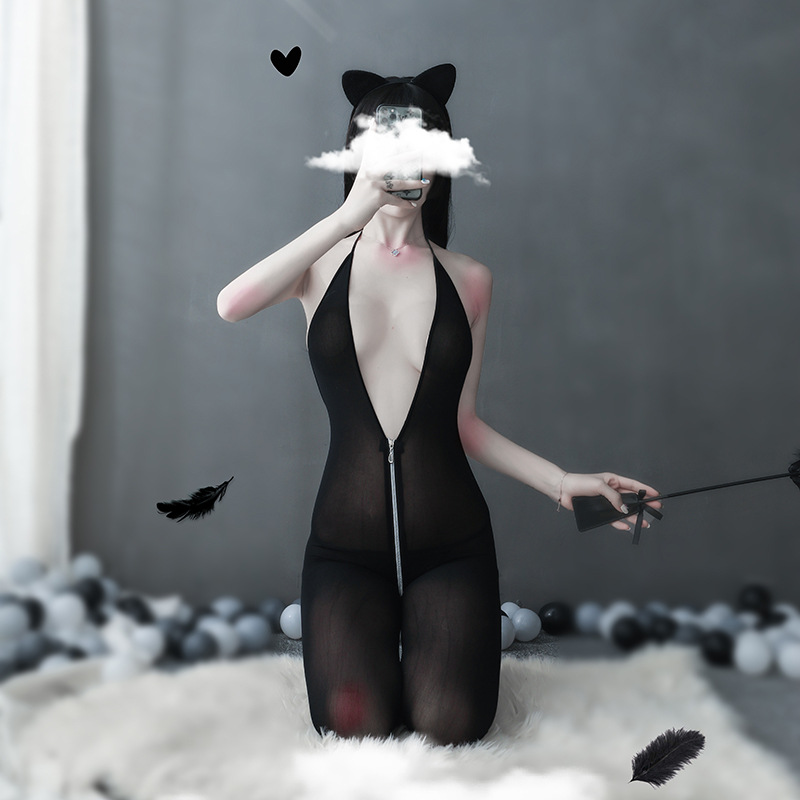 new sexy stockings jumpsuit chest zipper low-cut open uniform temptation split w361