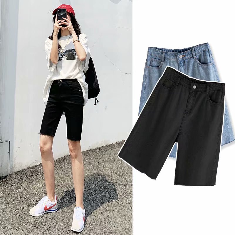 Raw Edge Denim Shorts for Women 2025 Summer Black High-Waisted Tight Cycling Outer Wear Thin Versatile Slimming Look Five-Point Pants