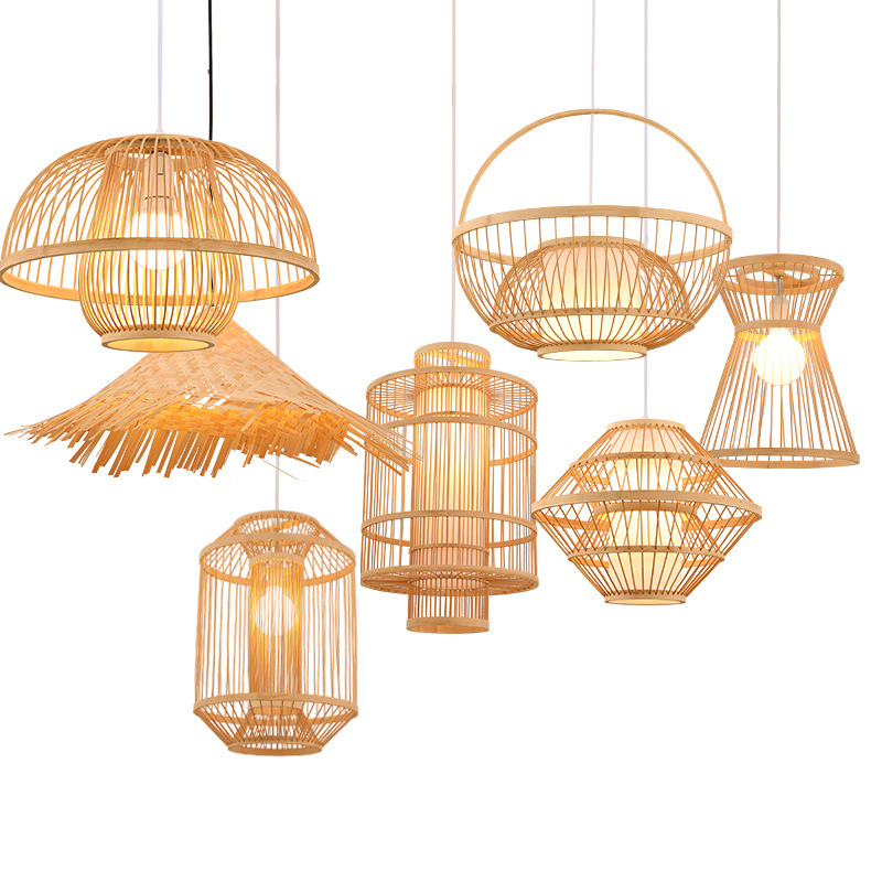 Estilo chino de bambú tejido de bambú lámpara de araña linterna hecha a mano del sudeste asiático restaurante japonés personalidad creativa dormitorio B & B lámpara