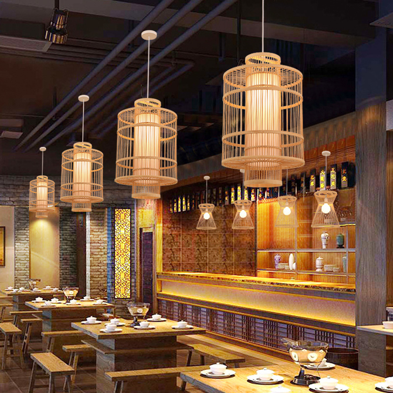 Estilo chino de bambú tejido de bambú lámpara de araña linterna hecha a mano del sudeste asiático restaurante japonés personalidad creativa dormitorio B & B lámpara
