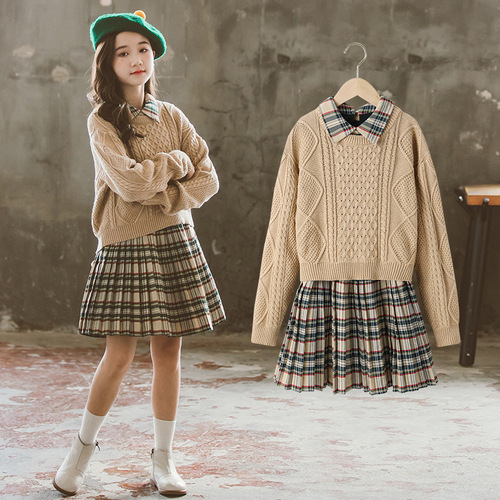 Girls Autumn and Winter Sweater Set 2023 New Girls Korean Fashion Plaid Pleated Skirt Dress Two-piece Set