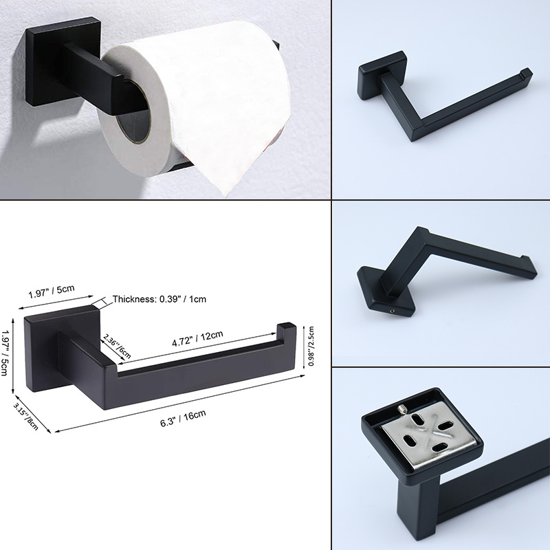 Fábrica al por mayor 304 de acero inoxidable negro titular de papel higiénico base cuadrada titular de papel de rollo titular de papel en stock transfronterizo