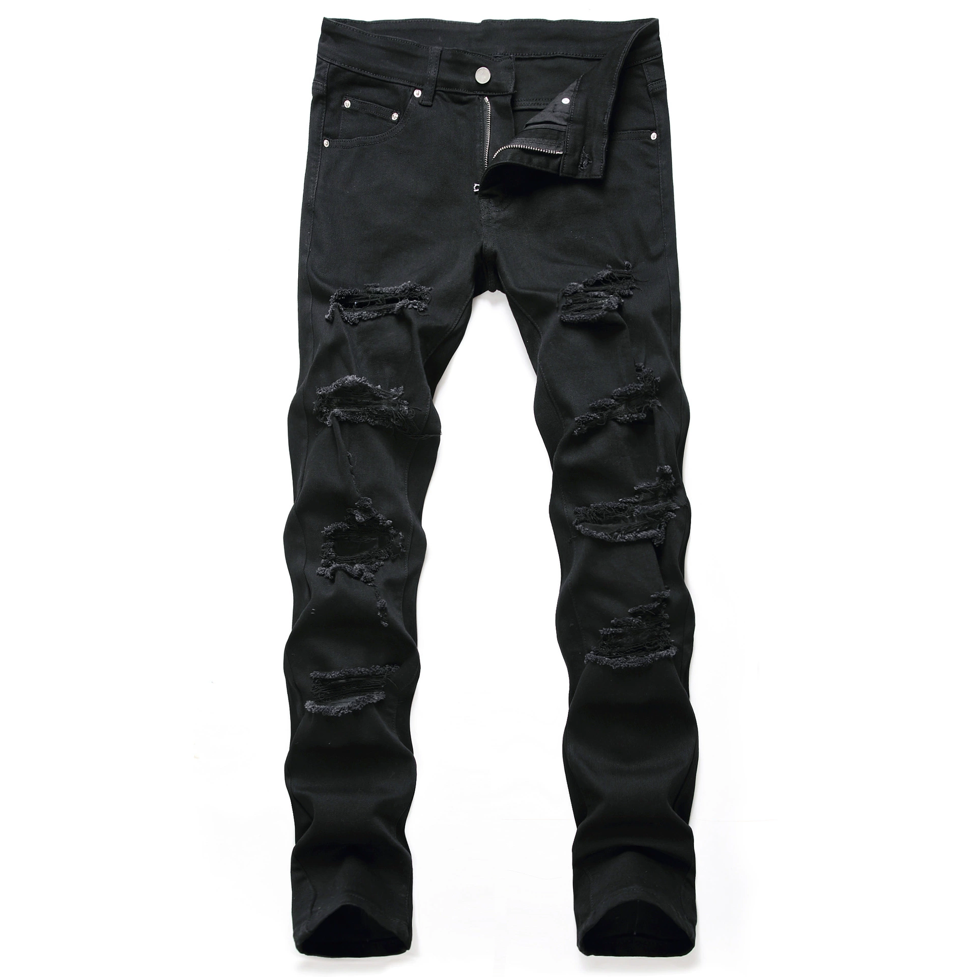 Джинсы loose straight синевато‑чёрные, slim fit повседневные, с рваной отделкой, размеры 28–40