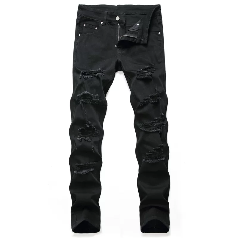Джинсы loose straight синевато‑чёрные, slim fit повседневные, с рваной отделкой, размеры 28–40