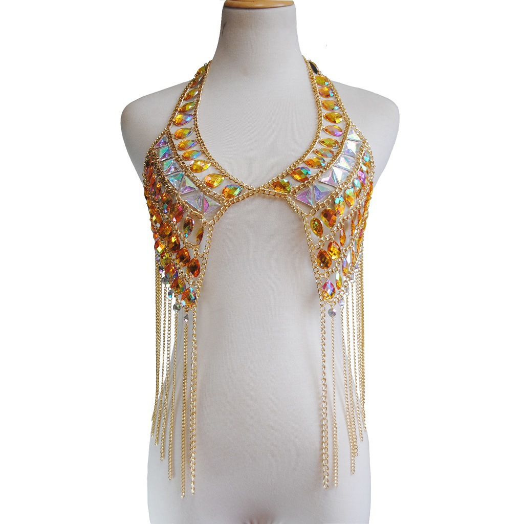Cadena de pecho popular de Amazon para el verano, accesorios de moda para el pecho de Amazon, cadena de sujetador con borlas de acrílico, cadena corporal