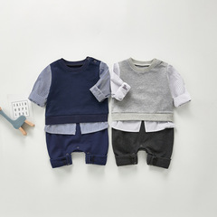 Ins Korea 2021 Spring Baby Boys Infants Climbing Suit Stylish Striped Patchwork Onesie First Birthday Climbing Suit