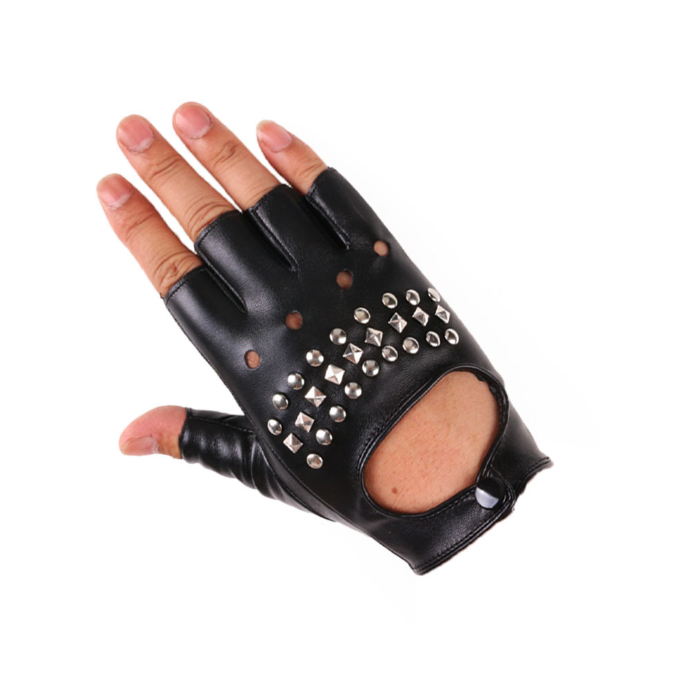 Hip hop medio dedo guantes club nocturno para hombres guantes de remache de baile de polo rendimiento baile de primavera y verano rendimiento de baile guantes de cuero