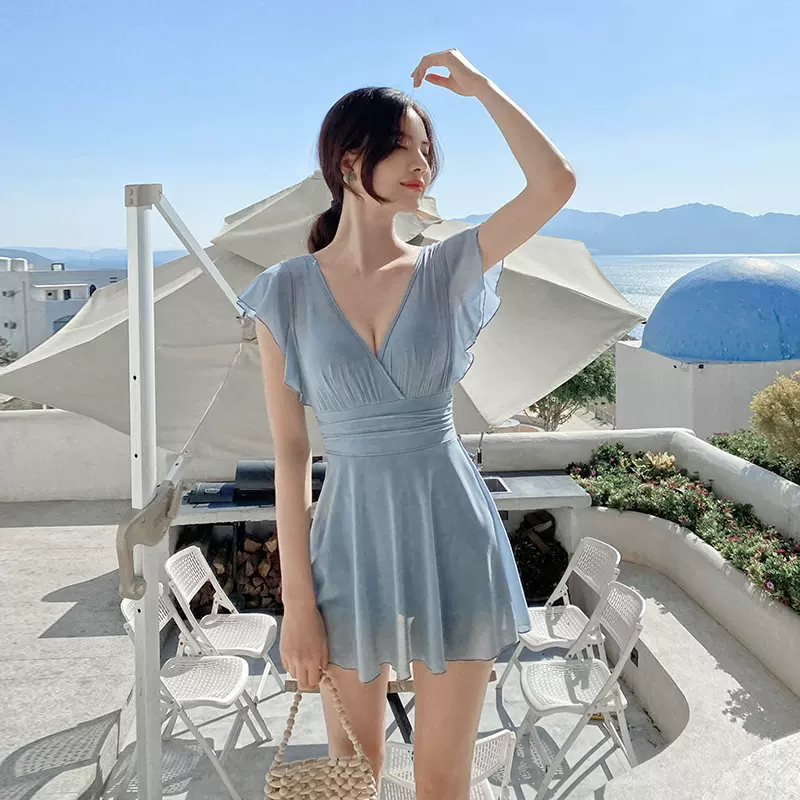 韩国东大门女神泳衣女保守裙式连体遮肚显瘦小胸钢托外贸度假泳装