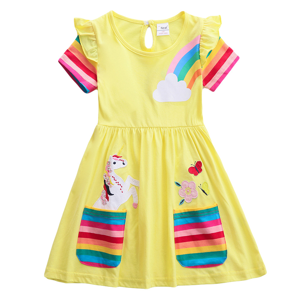 Estilo europeo y americano niñas manga corta vestido de unicornio verano nuevo bordado dos bolsillos Arco Iris manga S81035