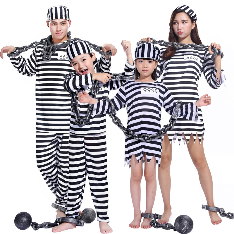 Halloween cosplay masquerade costume adult children parent-child black and white striped prisoner clothes, prison clothes