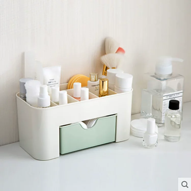 Cosmetic storage box, multi-compartment with drawer, light blue/green/pink