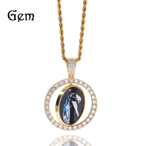 New style rotatable double-sided photo pendant copper inlaid with zircon color photo necklace for men and women couple trendy brand versatile
