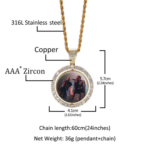 New style rotatable double-sided photo pendant copper inlaid with zircon color photo necklace for men and women couple trendy brand versatile
