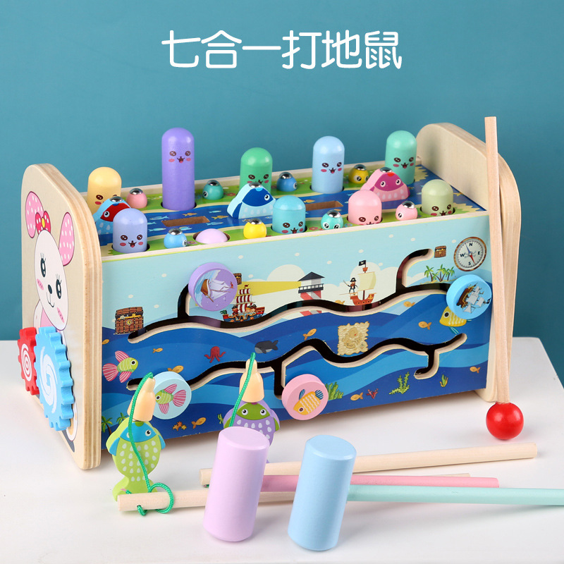 Niños de madera multifuncional siete en uno música hámster bebé tocando piano dibujos animados pesca juguetes educativos 1-3 años