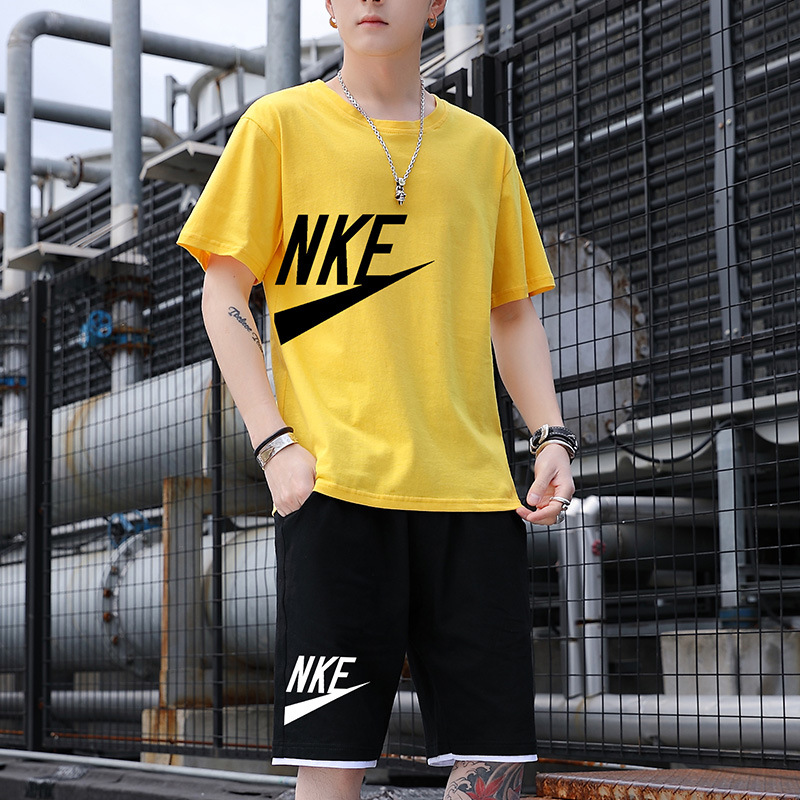 Camiseta de manga corta para hombre, conjunto deportivo de verano 2025, elegante, informal, de seda helada, a la moda, para exportación