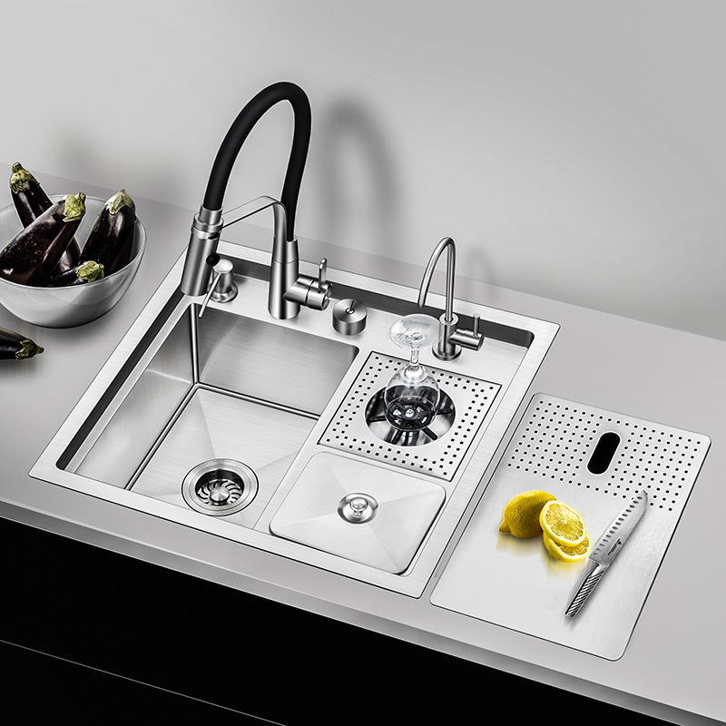 Kitchen dish washing basin bar multifunctional sink with high pressure cup washer trash can chopping board rack under the table sink set