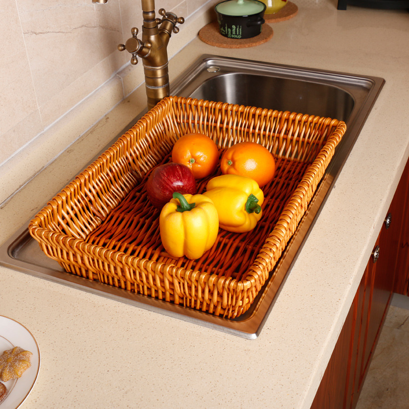 Fábrica directa fruta cesta ratán tejido nórdico drenaje Placa de almacenamiento rectangular nueva mano creativa cesta tejida