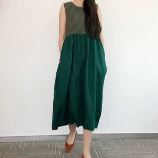 V9579条纹拼接背心裙 女式亚麻色织连衣裙子