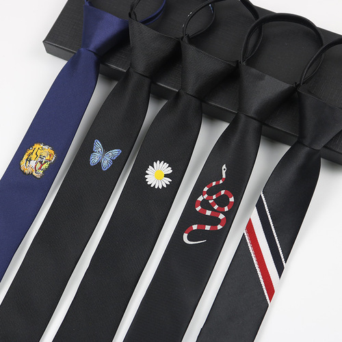 Tie tb embroidery 5CM narrow black and gray three-color stripes men and women personalized lazy zipper DK student jk Japanese style