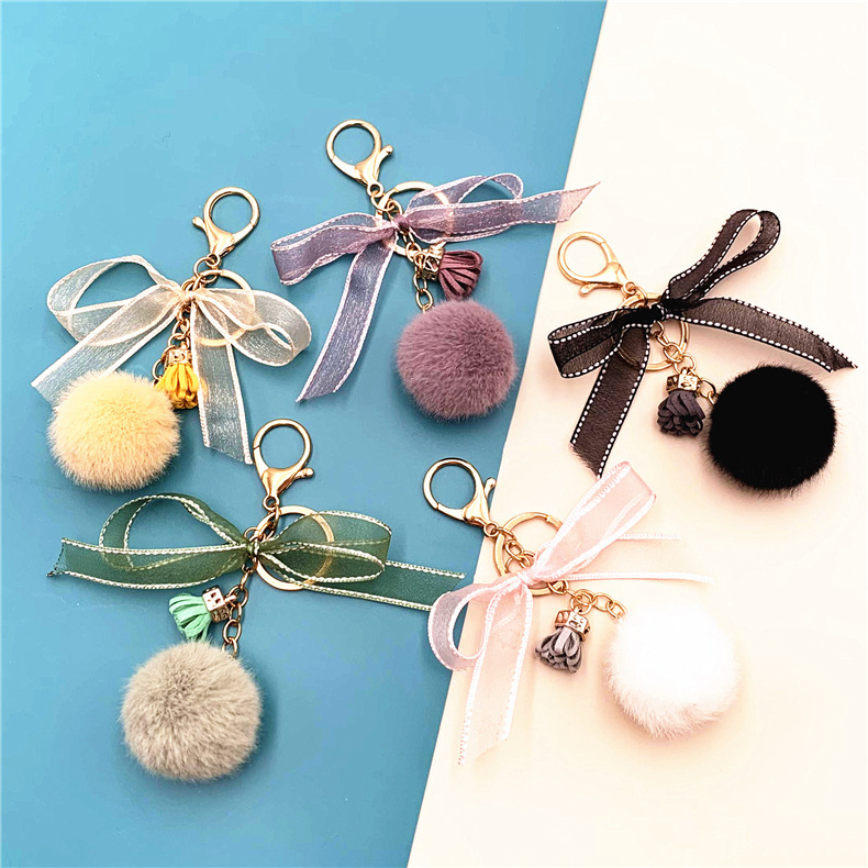 Cute Bow Keychain Lace Fur Ball Bag Plush Pendant Cartoon Car Keychain Small Gift Accessories