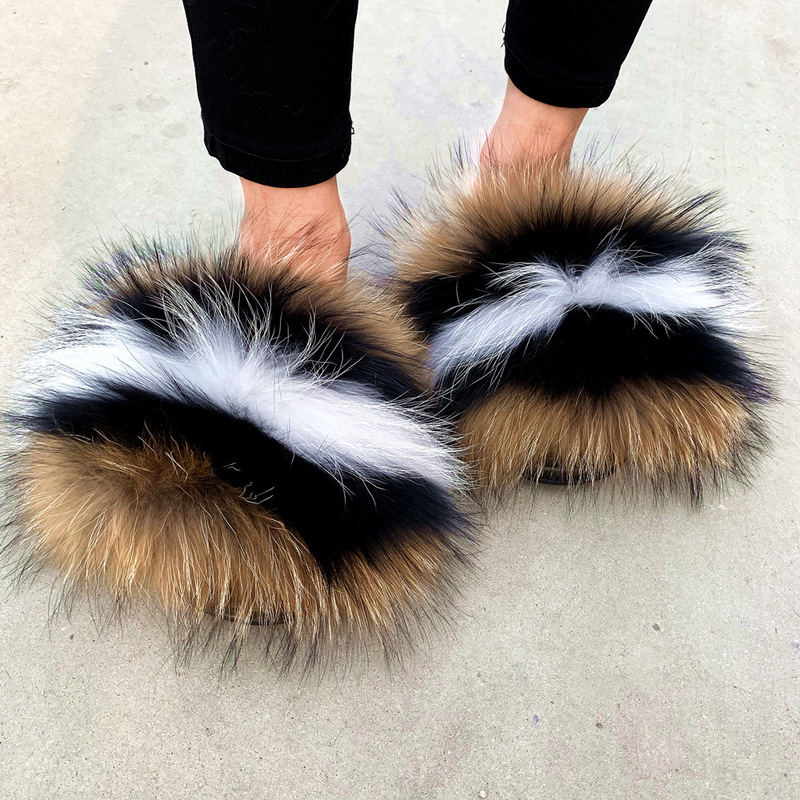 Manufacturer's Ready-Made New Flats Fur Shoes Raccoon Raccoon Fur Fox Fur Slippers for Women Cross-Border European Station