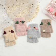 可爱麋鹿角手套女新款骑车防寒加绒写字学生冬季保暖半指翻盖手套