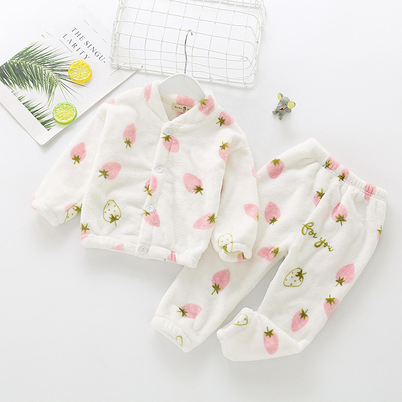 2021 Otoño e Invierno traje de pijama para niños franela niños y niñas estampado flor hebilla cardigan hogar conjunto de dos piezas primavera