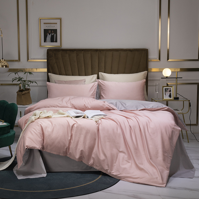 60-count Pure Four-piece Set, 100% Duvet Cover, Bed Fitted Sheet, Suitable For Sleeping Naked, 4 Solid Colors, Ins-style_voghion.com