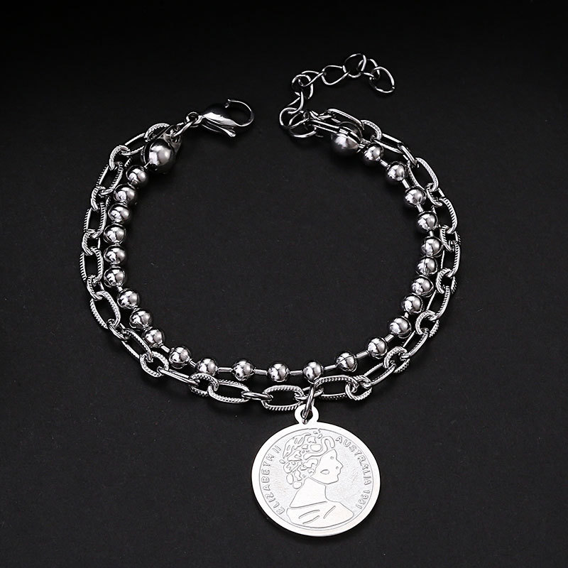 Niche Design Distinctive Double Layer Coin Bracelet Women's Titanium Steel Pendant Hip Hop Trendy Cool ins Student Bracelet