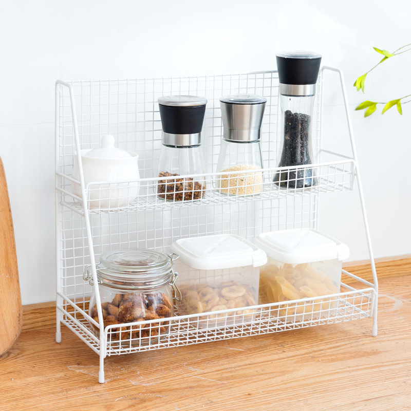 Estante de almacenamiento de cocina directo de fábrica Escritorio de pie de dos capas de hierro sin ponche negro condimento rack de almacenamiento