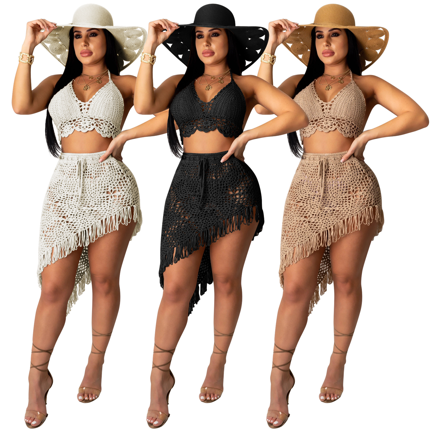 Hot Sale European And American Women's Fashion Sexy Handmade Crochet Tassel Casual Beach Swimwear Set_ecoleips.com