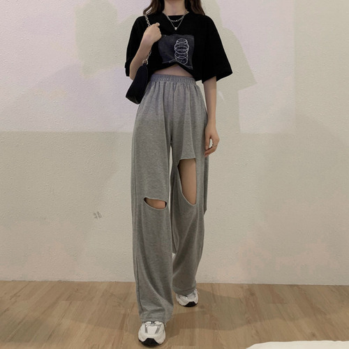 High-waisted ripped pants for women, summer design, niche, thin, casual, drapey, wide-leg pants, floor-length pants, sweatpants, trendy women's clothing