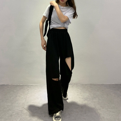 High-waisted ripped pants for women, summer design, niche, thin, casual, drapey, wide-leg pants, floor-length pants, sweatpants, trendy women's clothing
