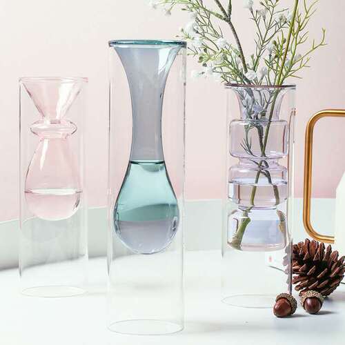 Ins European minimalist colorful glass creative double-layer glass transparent vase personalized desktop decor hydroponic planter