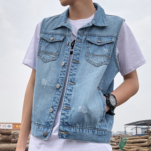 Denim vest men's trendy spring and autumn trendy casual Korean style handsome loose sleeveless hole-in-the-net celebrity fashion brand vest for men