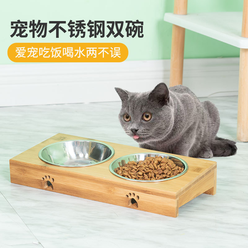 Bambú mascota gato doble tazón de cerámica de acero inoxidable perro tazón gato arroz tazón perro comida tazón perro agua tazón de arroz en stock
